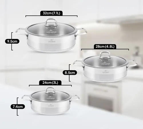 سرویس تابه 6 پارچه استیل دو دسته لایف اسمایل مدلLIFEP12 SHR6 در سایز(24و 28و 32)