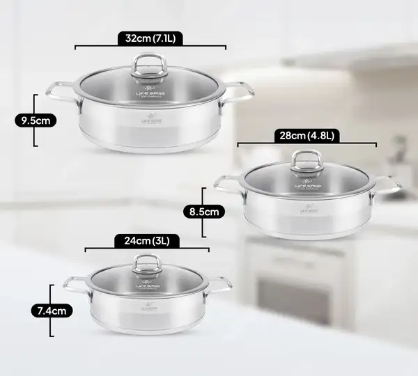 سرویس تابه 6 پارچه استیل دو دسته لایف اسمایل مدلLIFEP12 SHR6 در سایز(24و 28و 32)