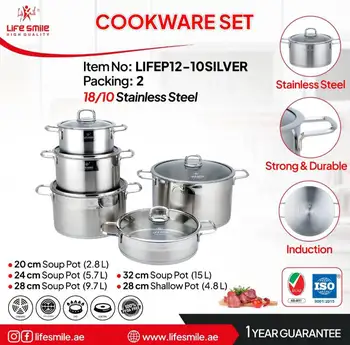 ست قابلمه 10 پارچه , LIFE-SMILE ,LIFEP12-10SILVER, استیل ضد زنگ با کف القایی